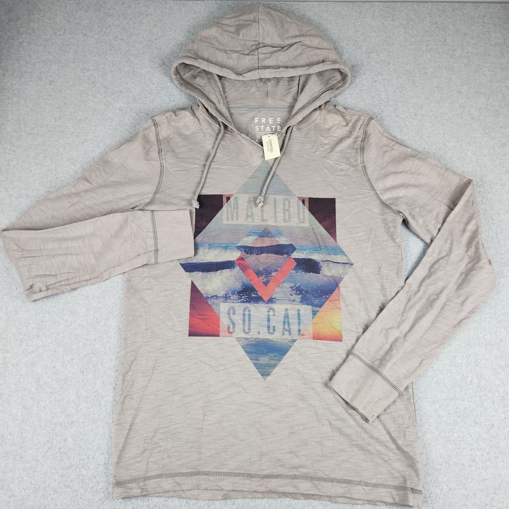 Free State Hoodie‎ Mens Medium Tan Malibu So. Cal. Graphic Slub Knit Long Sleeve